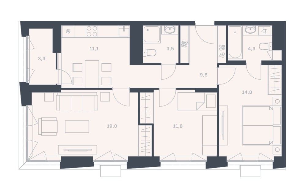Полноценная 3-комнатная квартира 77,6 м² с лоджией из кухни