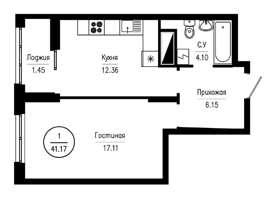 1-комнатная квартира 41,17 м² с лоджией