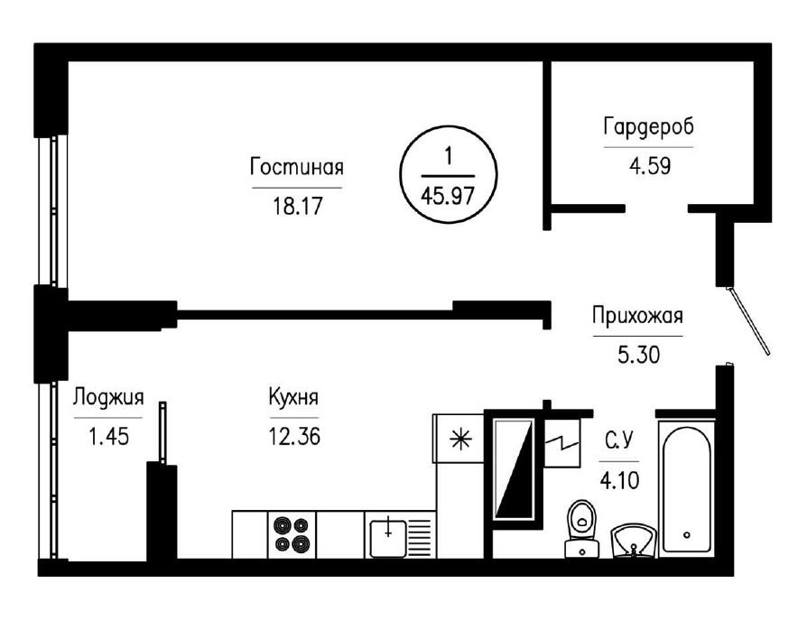 1-комнатная квартира 45,97 м² с гардеробной