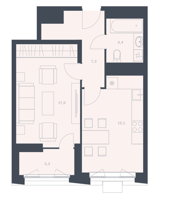 1-комнатная квартира 47,1 м² с лоджией из комнаты