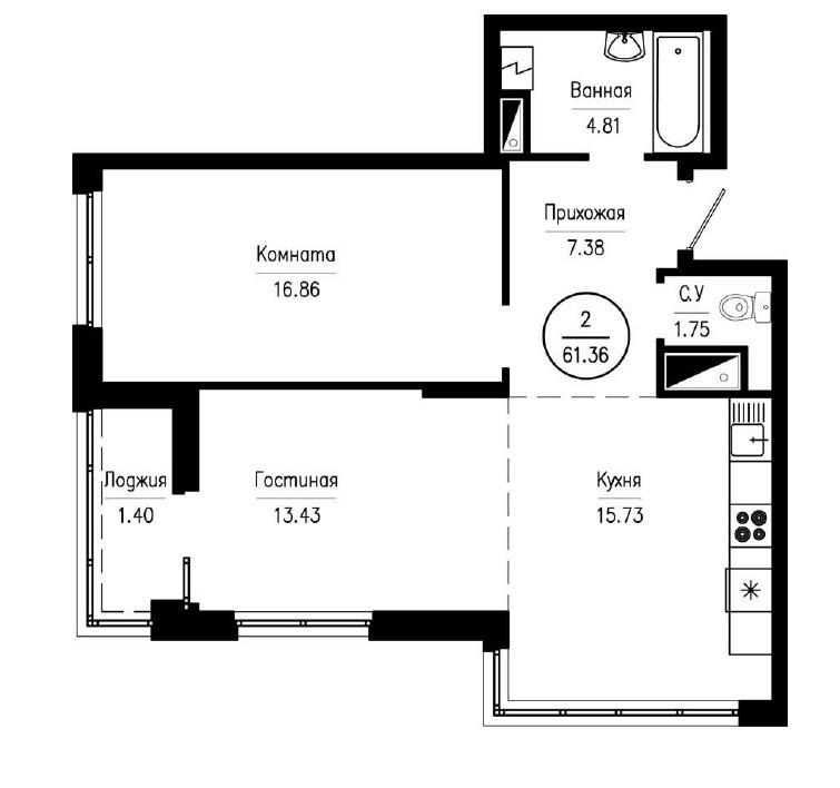 2-комнатная квартира 61,36 м² с евро планировкой