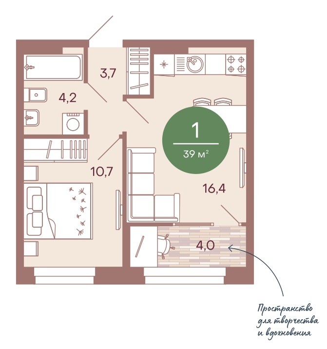 1-комнатная квартира 39 м² с лоджией из кухни
