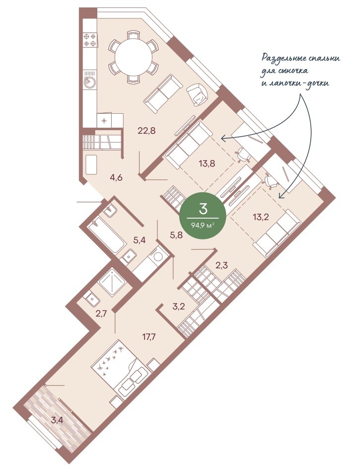 3-комнатная квартира 94,9 м² с тремя изолированными спальнями и кухней-гостиной