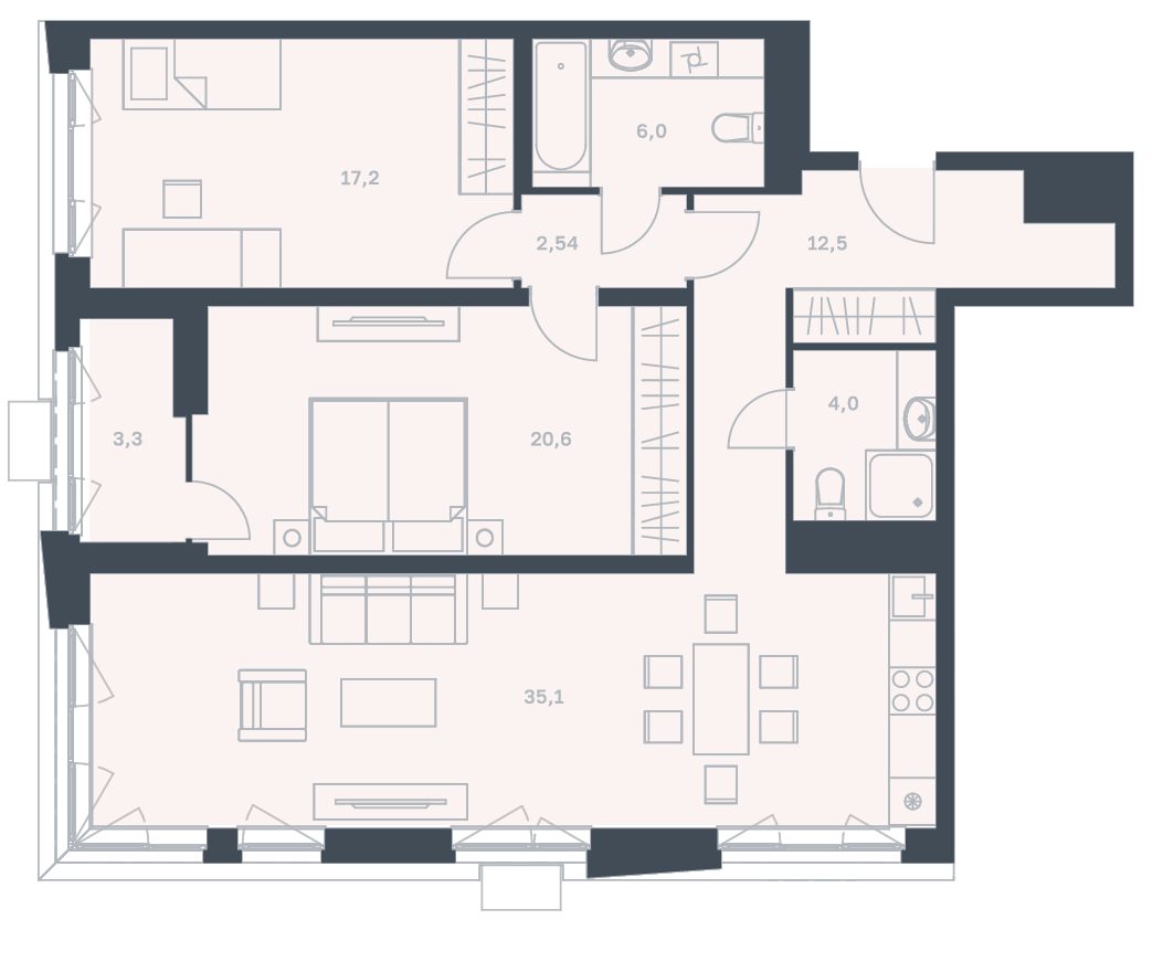 3-комнатная квартира 101,2 м² с огромной кухней-гостиной и двумя изолированными спальнями для детей и родителей