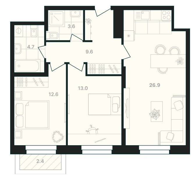 2-комнатная квартира 72,8 м² с просторной кухней-гостиной и балконом