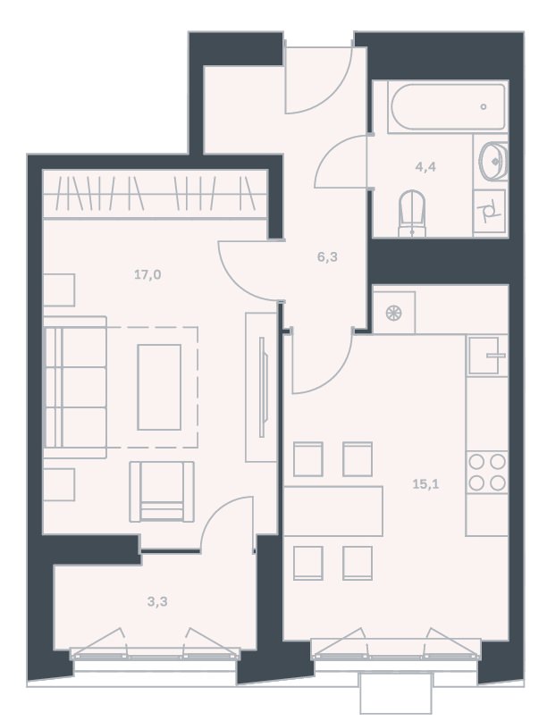 Просторная 1-комнатная квартира 46,1 м² с лоджией