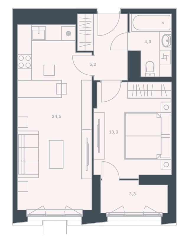 2-комнатная квартира 50,3 м² с кухней-гостиной и лоджией из спальни