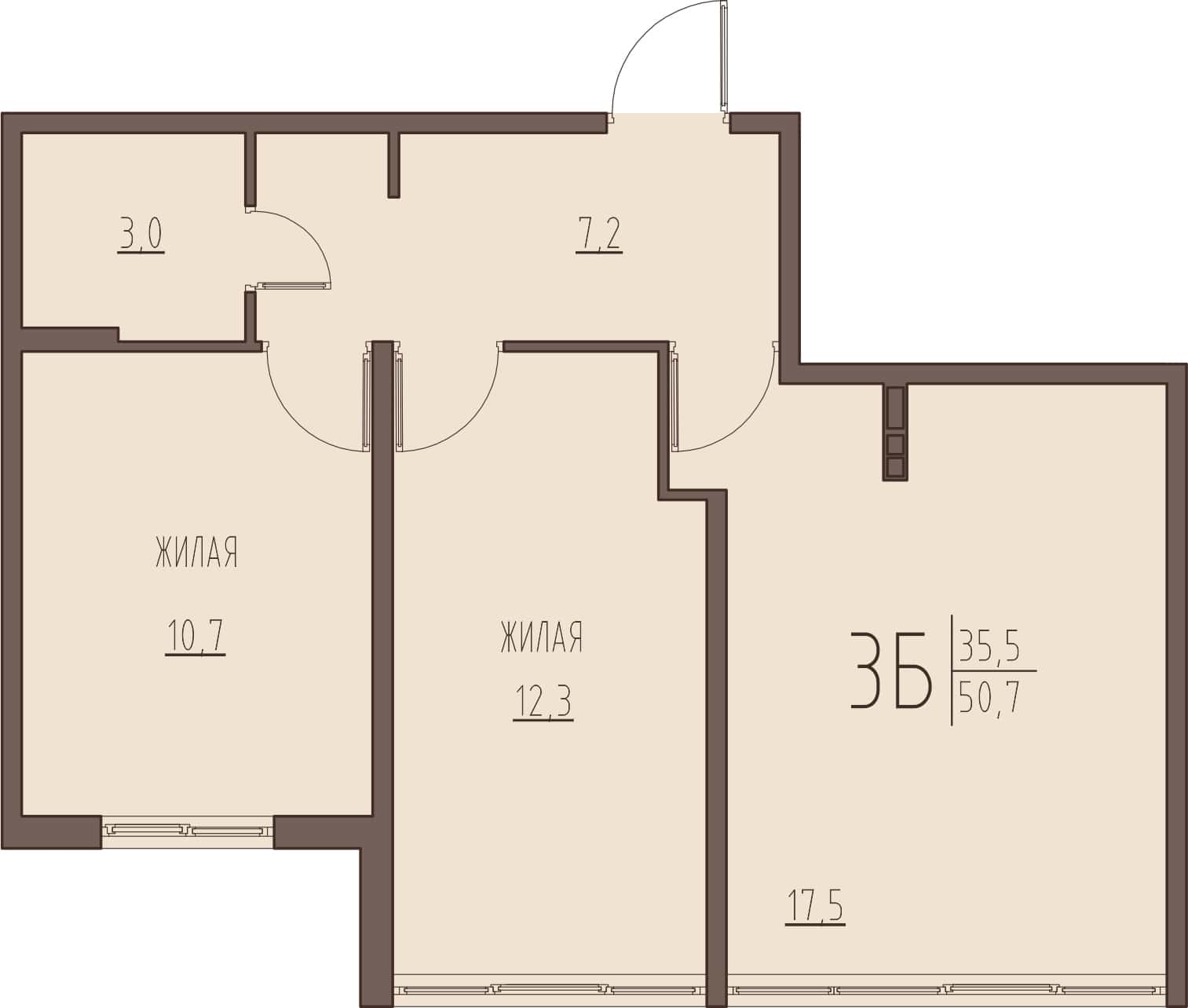 3-комнатная квартира 50,7 м² с кухней-гостиной и двумя изолированными спальнями