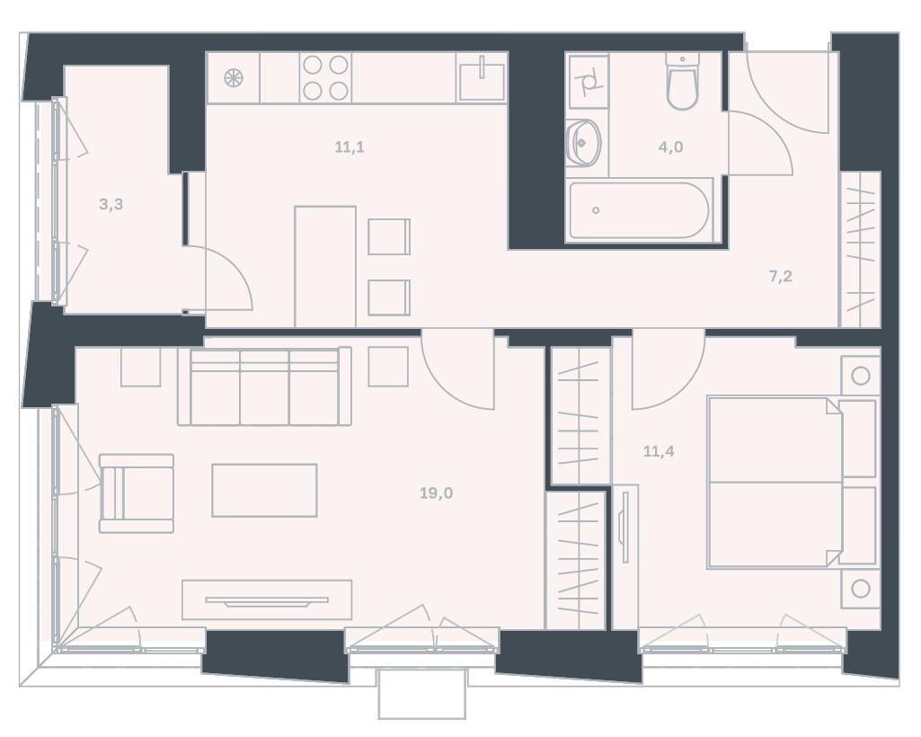 2-комнатная квартира 56 м² с лоджией из кухни