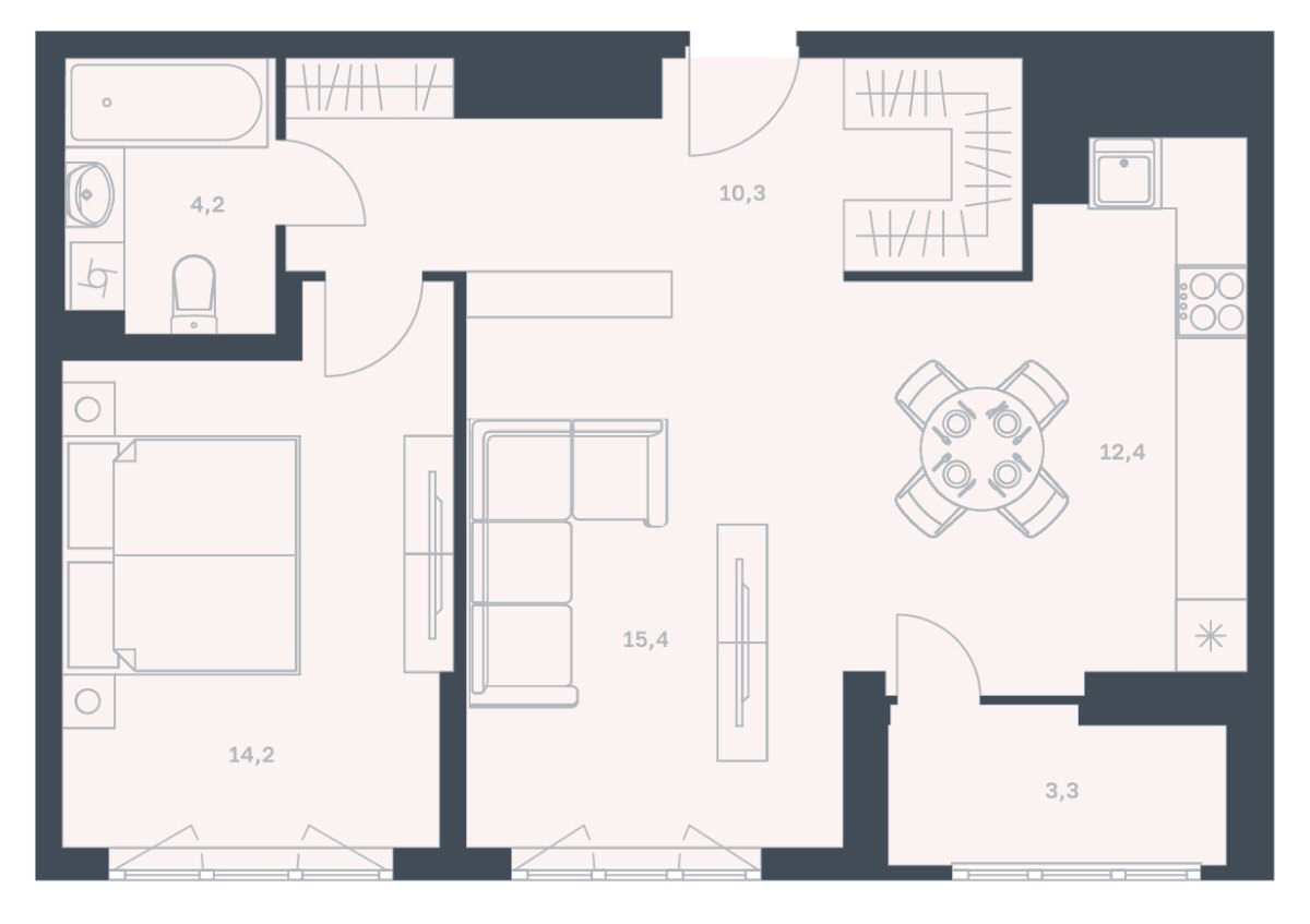 2-комнатная квартира 59,8 м² с просторной кухней-гостиной и изолированной спальней