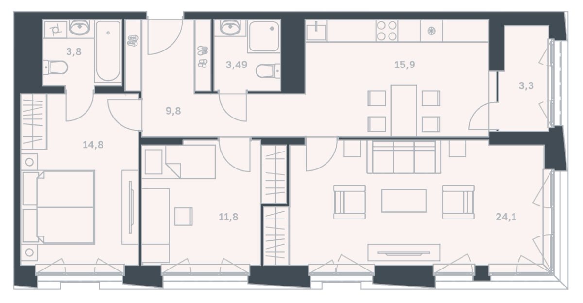 3-комнатная квартира 87 м² с просторной гостиной и двумя санузлами