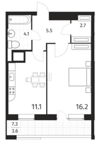 Уютная 1-комнатная квартира 43,2 м² с просторной лоджией
