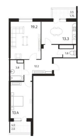 2-комнатная квартира 67,45 м² с балконом и лоджией
