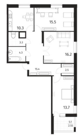 3-комнатная квартира 83,75 м² с просторной кухней-столовой