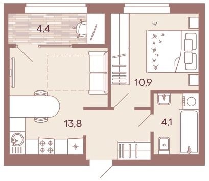 1-комнатная квартира 38 м² с лоджией из кухни