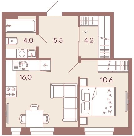 1-комнатная квартира 40,3 м² с гардеробной