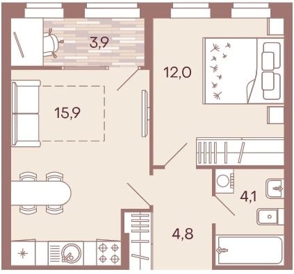 1-комнатная квартира 40,7 м² с кухней-гостиной и изолированной спальней
