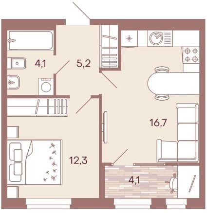 1-комнатная квартира 42,4 м² с кухней-гостиной и изолированной спальней