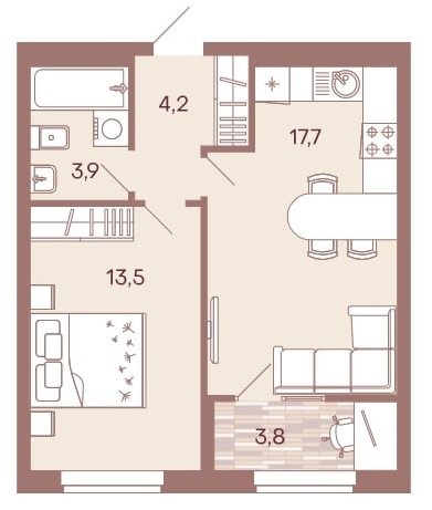 1-комнатная квартира 43,1 м² с просторной кухней-гостиной и изолированной спальней