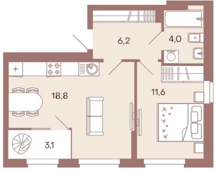 1-комнатная квартира 43,7 м² с просторной кухней-гостиной и изолированной спальней