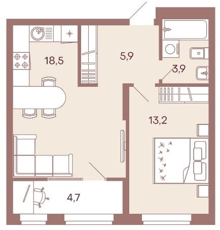 1-комнатная квартира 46,2 м² с лоджией из кухни-гостиной