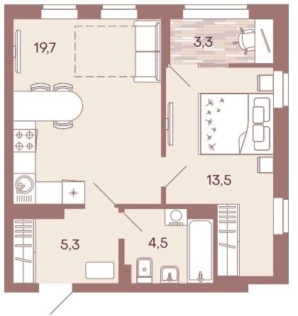 1-комнатная квартира 46,3 м² с просторной кухней-гостиной и лоджией из спальни