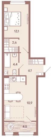 1-комнатная квартира "распашонка" 49,6 м²