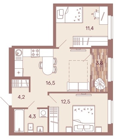 2-комнатная квартира 52,7 м² с кухней-гостиной