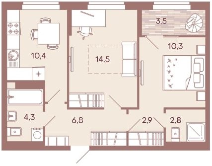 2-комнатная квартира 55,5 м² с двумя санузлами