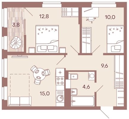 Классическая 2-комнатная квартира 55,8 м² с просторной кухней