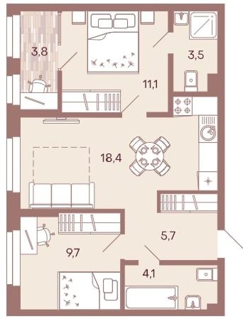 2-комнатная квартира 56,3 м² с кухней-гостиной и двумя изолированными спальнями