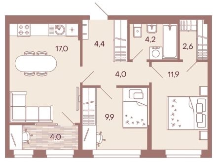 2-комнатная квартира 58 м² с просторной кухней-гостиной и двумя изолированными спальнями