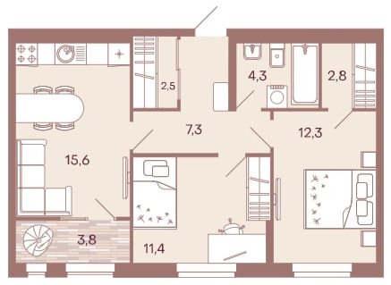 2-комнатная квартира 60 м² с просторной кухней и двумя изолированными спальнями
