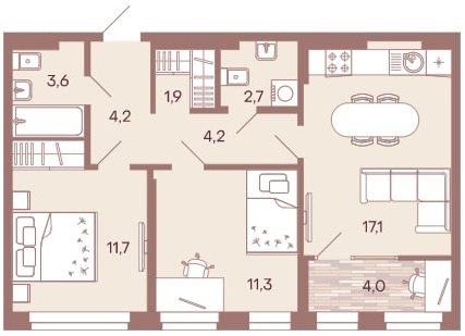 2-комнатная квартира 60,7 м² с гардеробной и двумя санузлами