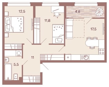 2-комнатная квартира 62,9 м² с лоджией из кухни