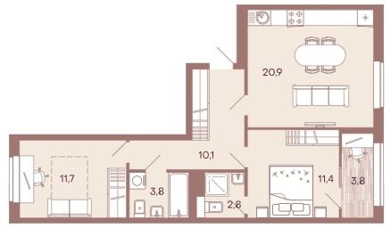 2-комнатная квартира 64,5 м² с просторной кухней-гостиной и двумя санузлами
