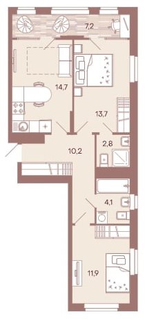2-комантная квартира 64,6 м² с просторной лоджией и двумя санузлами
