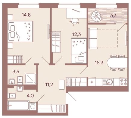 2-комнатная квартира 64,8 м² с двумя санузлами