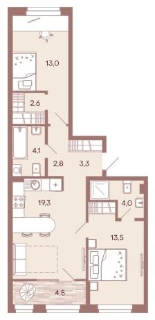 2-комнатная квартира 67,1 м² с гардеробной и двумя санузлами