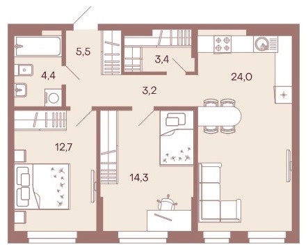 2-комантная квартира 67,5 м² с просторной кухней-гостиной и гардеробной