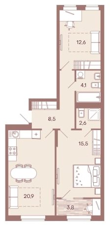 2-комнатная квартира 68 м² с просторной кухней-гостиной и двумя санузлами