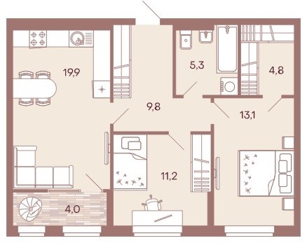 2-комантная квартира 68,1 м² с просторной кухней-гостиной и гардеробной из спальни