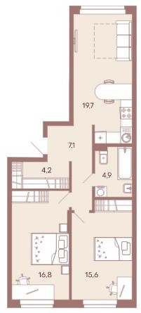 Просмторная 2-комнатная квартира 68,3 м² с гардеробной