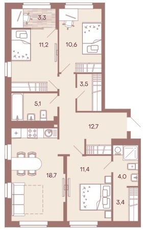 3-комнатная квартира 83,9 м² с просторной кухней и тремя изолированными спальнями