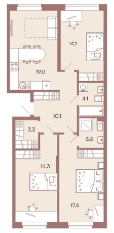 3-комнатная квартира 87,8 м² с просторной кухней и гардеробной
