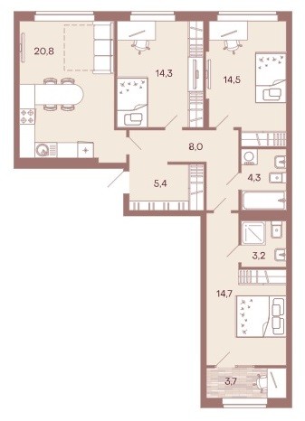 3-комнатная квартира 88,9 м² с просторной кухней-гостиной и гардеробной