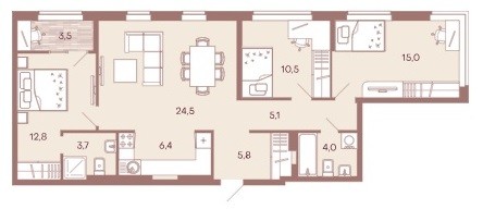 Просторная 3-комнатная квартира 91,3 м² с просторной кухней-столовой